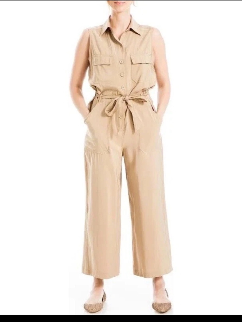 Max Studio Sleeveless Belted Wide Leg Cropped Jumpsuit Size Large